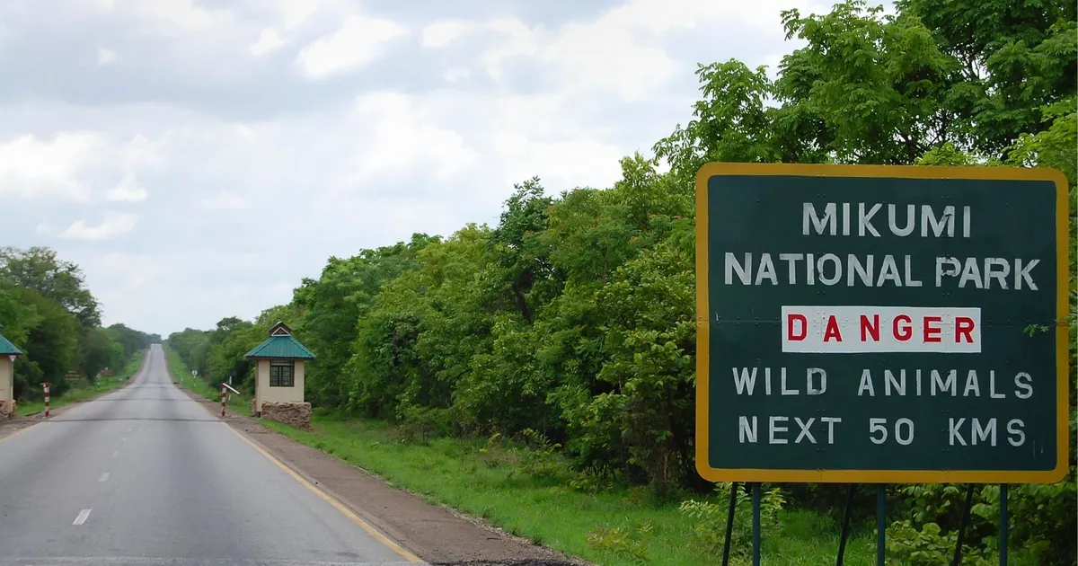 Mikumi National Park road sign on the Tanzam highway warning of wild animals for the next 50 km, on mainland Tanzania